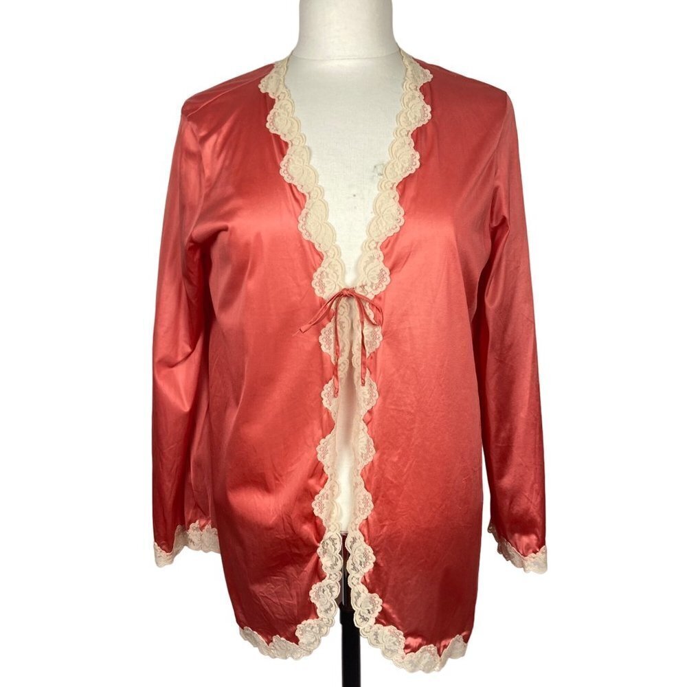 Vintage 60s Van Raalte Peignoir Jacket 36 Orange Lace Trim Nylon Boudoir